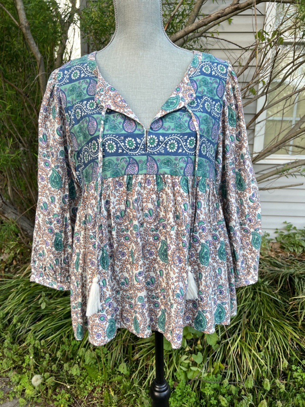 Lucky Brand Bohemian Floral Peasant Blouse in Teal and Cream